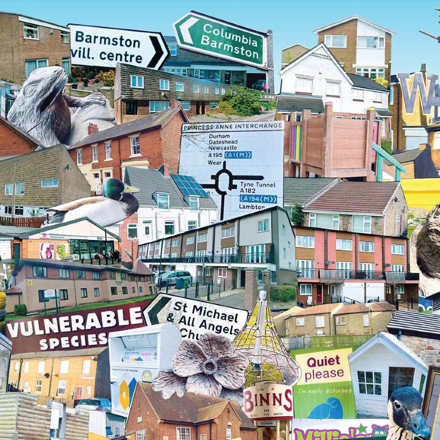 2024-SpeakUp-Washy-is-a-Fishbowl-Banner-Oxclose-Academy-Sunderland-Tommy-Anderson-Sarah-Marsden-2000x1000 A vibrant collage of numerous UK village and town signs, buildings, street signs, and landmarks. The image features an array of colorful signs, houses, and objects, giving a whimsical and chaotic glimpse of various locations and elements.