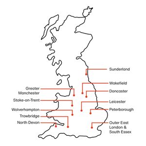 23-TNP-map A map of England, Wales and Scotland with 13 points highlighted: Sunderland, Wakefield, Doncaster, Leicester, Peterborough, Outer East London & South Essex, North Devon, Trowbridge, Wolverhampton, Stoke-on-Trent and Greater Manchester.