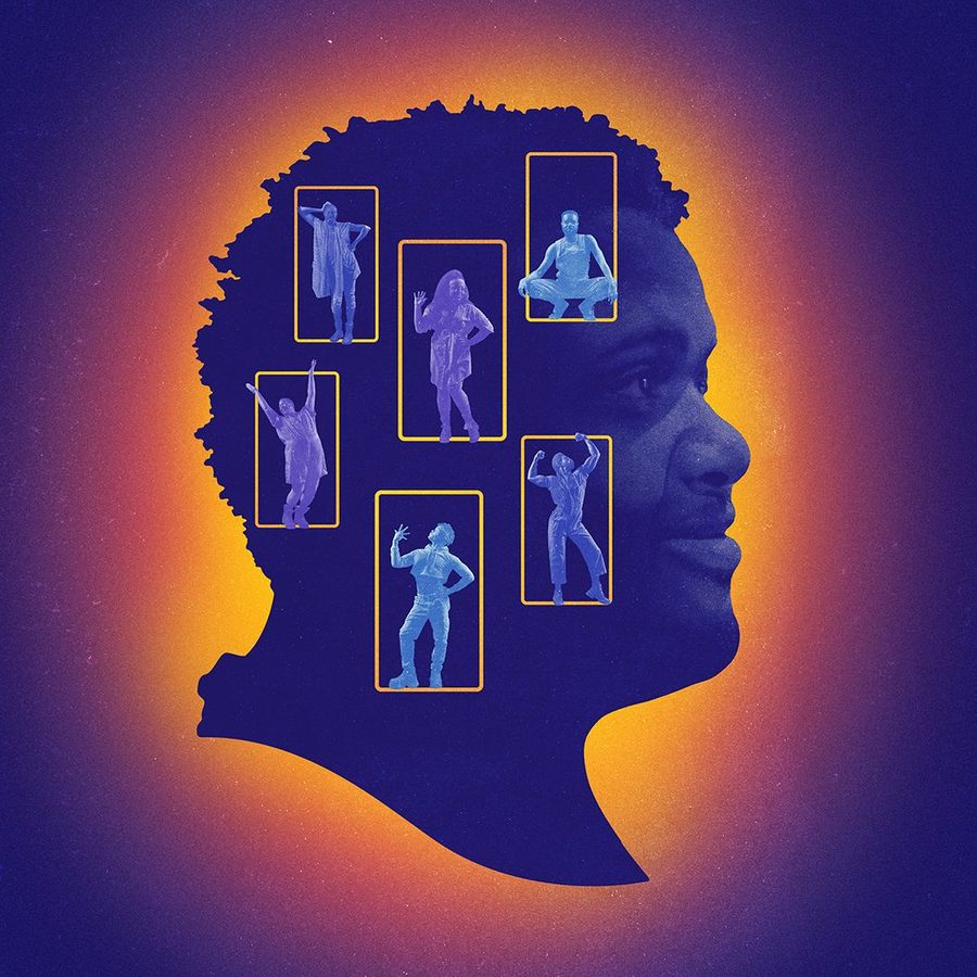 A-Strange-Loop-2000x1000 Artwork treatment for A Strange Loop - images of six characters displayed either side of the head of a smiling man in profile.