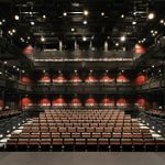 Dorfman Theatre seating as viewed from the stage, in shallow rake configuration