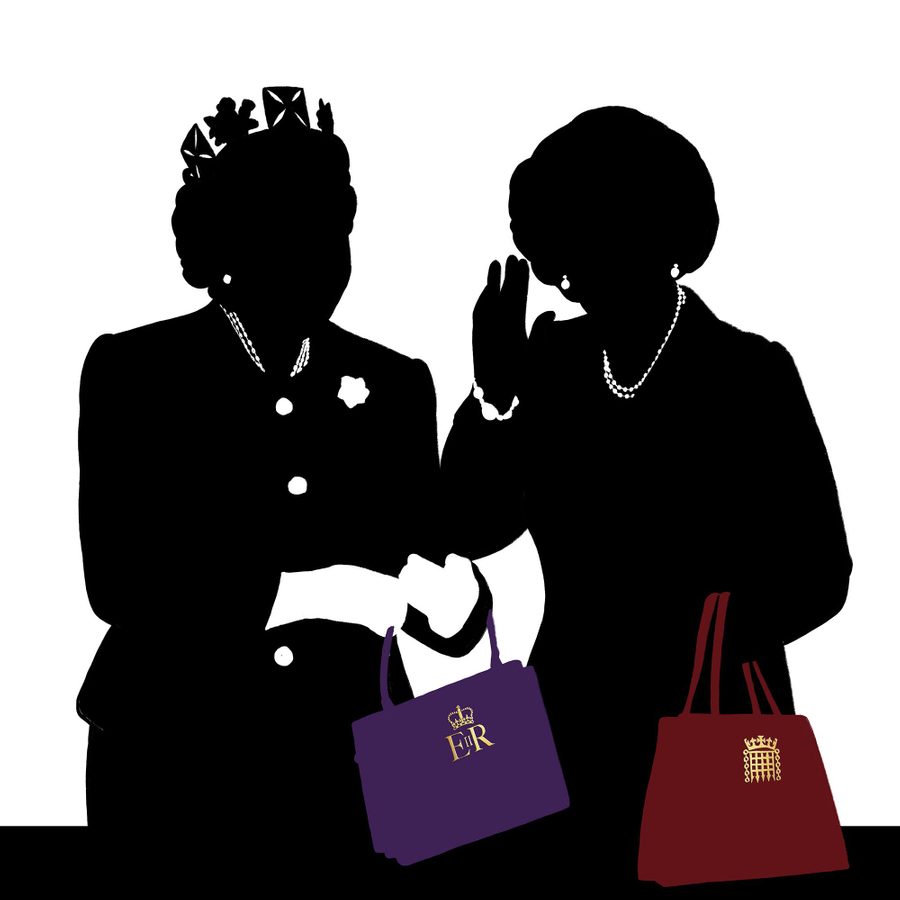 Handbagged-Moira-Buffini-masthead Silhouettes of two women, one wearing a crown, dressed formally with pearl necklaces. The crowned figure holds a purple handbag with