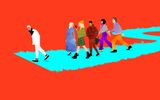 Here-We-Are-National-Theatre-2000x2000 A minimalist illustration showing six people walking on a turquoise path. A man in white walks ahead alone, while a group of five people in colorful outfits follows behind. The background is a solid bright red.