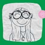 A drawing of a young person smiling wide with long hair, wearing large round glasses and a crescent pendant