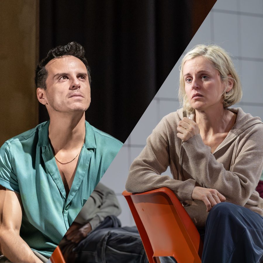 NTGDS_ES_PPTVanya_WebResize_2000x1000 Two images. Andrew Scott sits on a chair looking up. Denise Gough sits on a chair looking to the side.