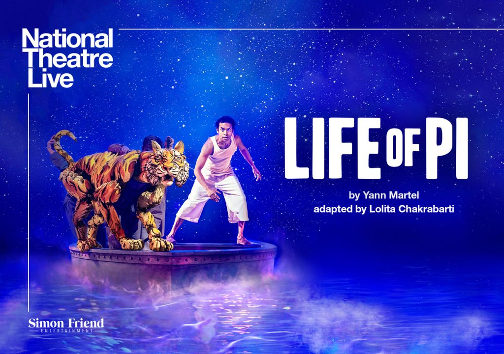 A tiger and a man stand on a boat above a sea.