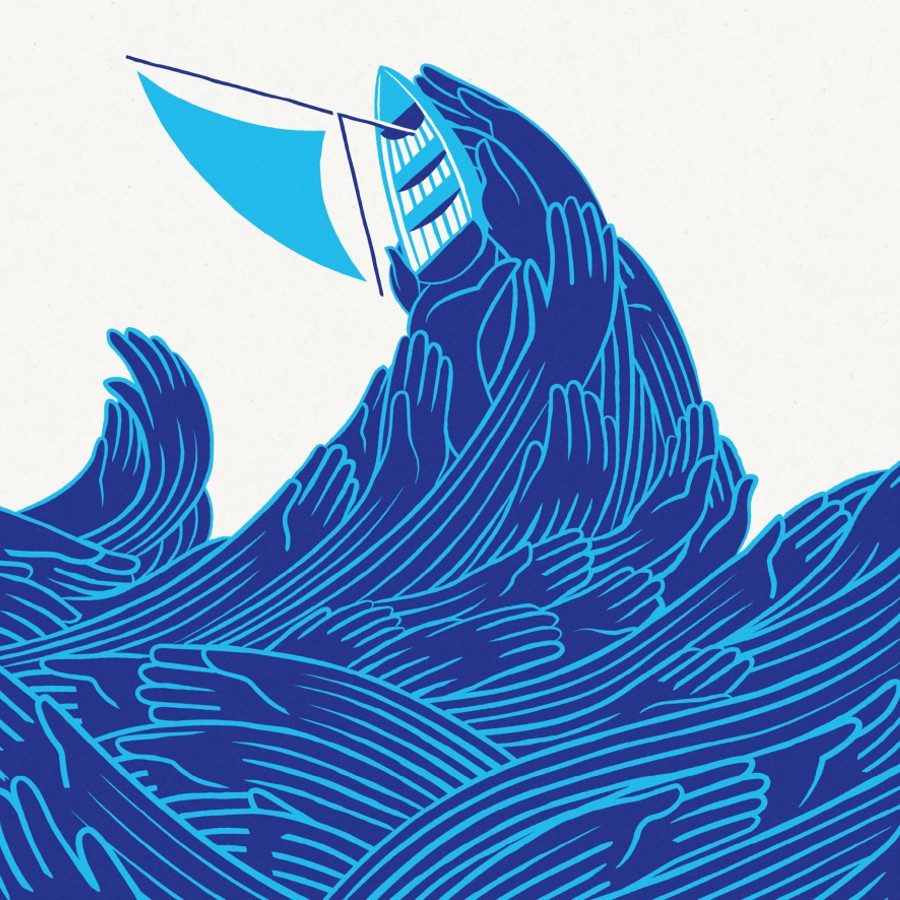 Pericles-2018-artwork-2000x1000 A hand-drawn image of a ship at the top of a huge blue wave
