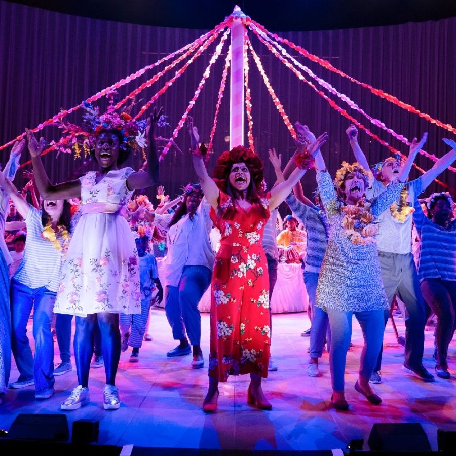 Pericles-2018-maypole-photo-James-Bellorini Ayesha Dharker as Simonida with cast, surrounding a Maypole, in Pericles