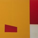 A near abstract image of the National Theatre building in yellow, red, black and white oblongs.