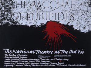RNT_PP_2_1_119_the bacchae_poster Poster for The Bacchae of Euripides at The National Theatre, adapted by Wole Soyinka. Features a dramatic red paint splash on a black and white background, with white and red text listing the cast and crew.