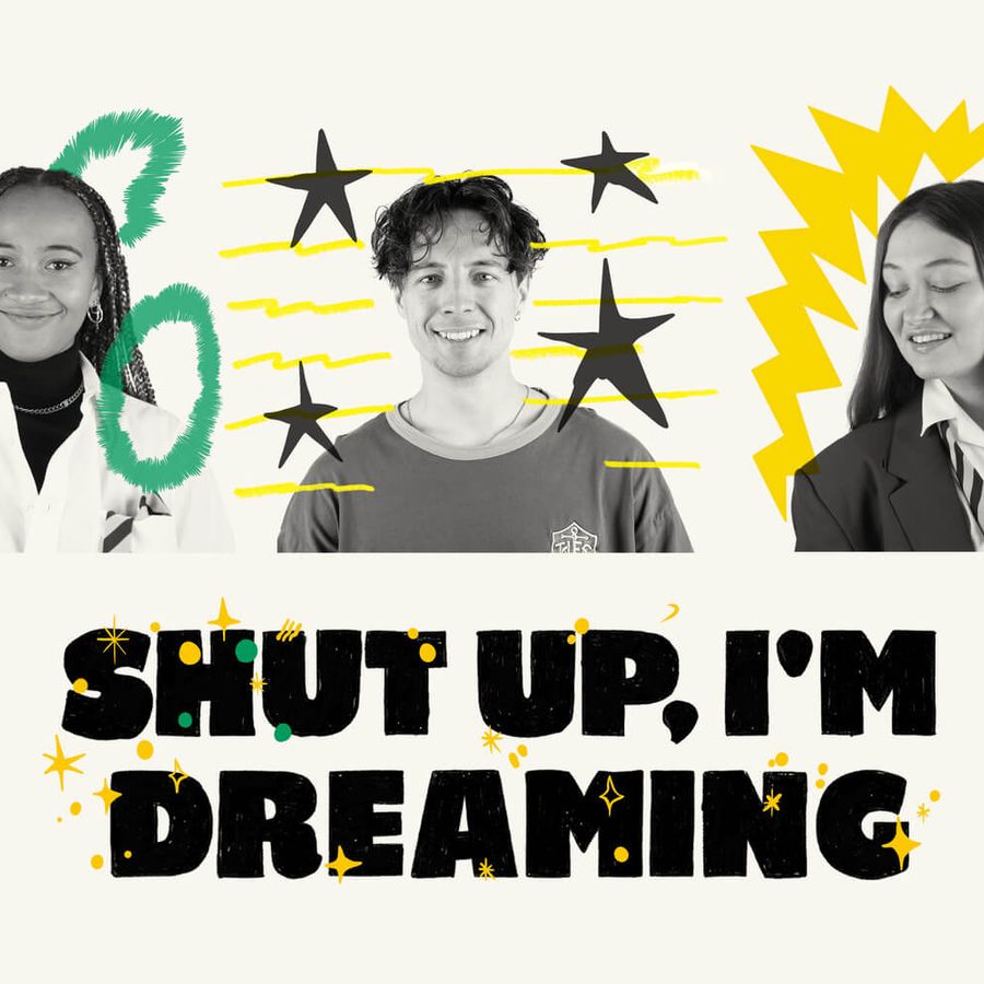 SUID-2000x1000 Shut Up I'm Dreaming poster, with head and shoulder photos of three people with graphics overlaid around them.