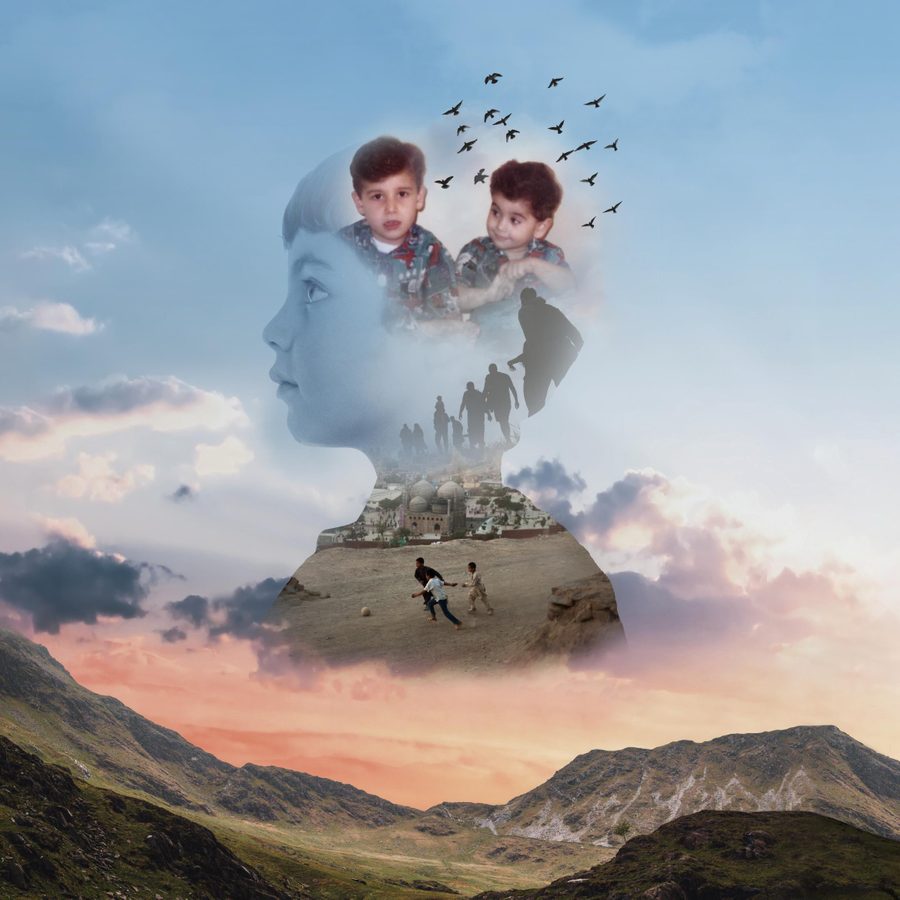 the-boy-with-two-hearts-poster-Tall-masthead The Boy with Two Hearts poster image photomontage of two young boys, birds flying in the sky, people walking in single file and a mosque and buildings