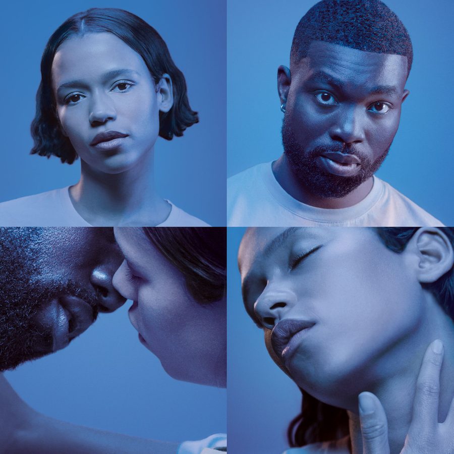 The Effect National Theatre A blue-tinted photomontage split into four quadrants, with portraits of Taylor Russell in the top-left and Paapa Essiedu in the top-right, Paapa and Taylor about to kiss in the bottom-left and Taylor touching her neck, eyes closed, in the bottom-right.