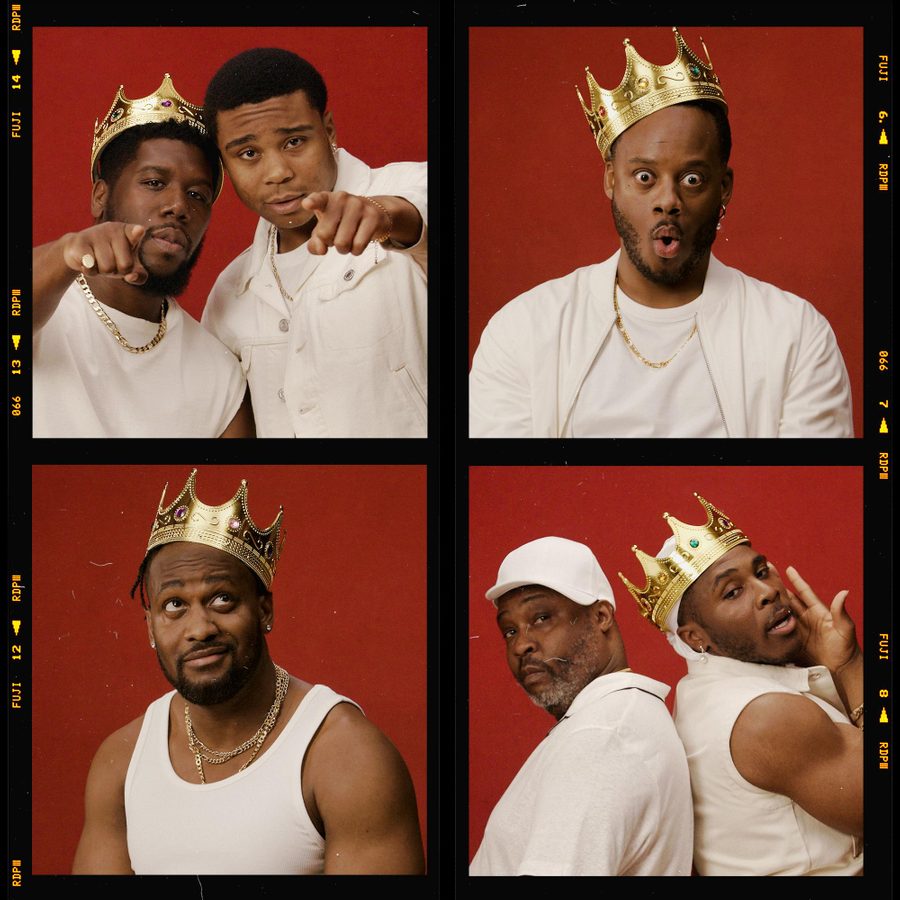 A series of six photos against a red backdrop featuring six men. In various shots, one drinks from a glass, one wears a crown, one adjusts the crown, one laughs with the crown, one looks surprised with the crown, and one poses in a white hat showing rings on his fingers.