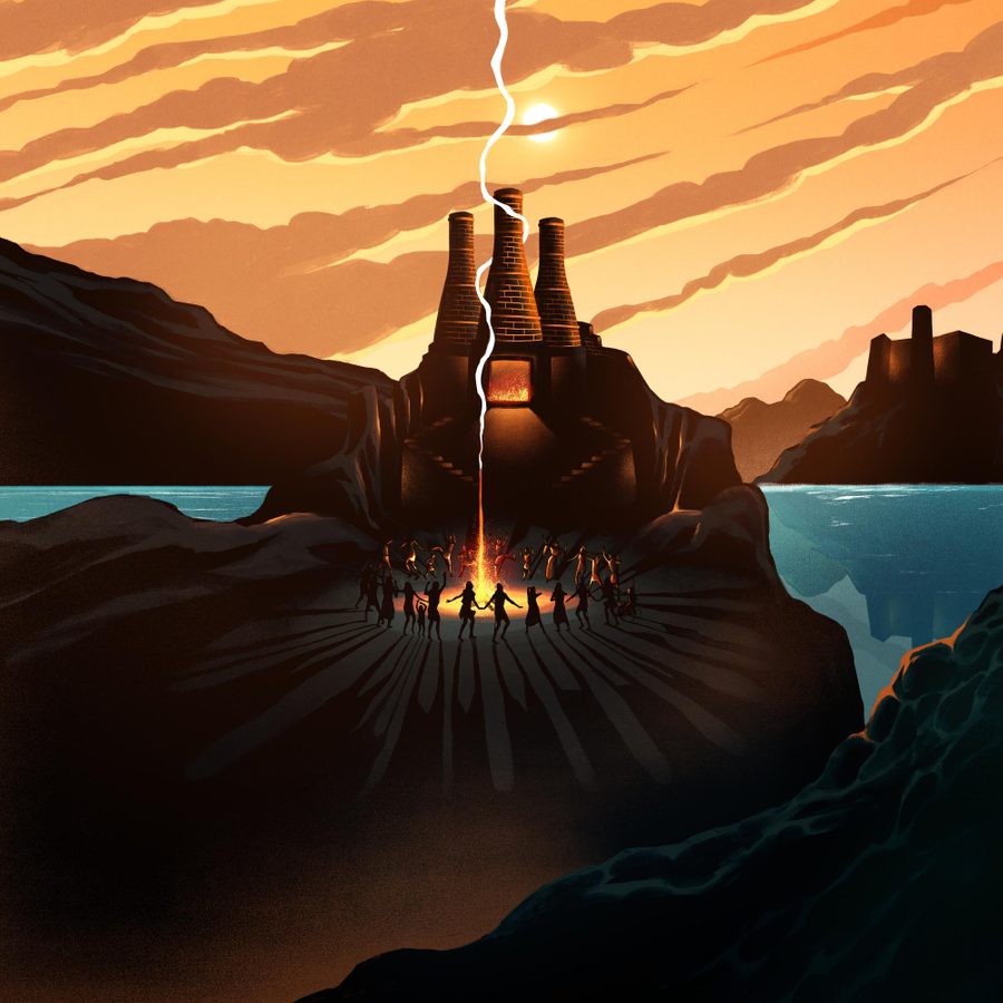 The-Odyssey-Episode-1-masthead-2000x1000 A group of people dancing around a golden shaft of light leading upwards to a three-chimney building on a hill with a fire harnessed inside