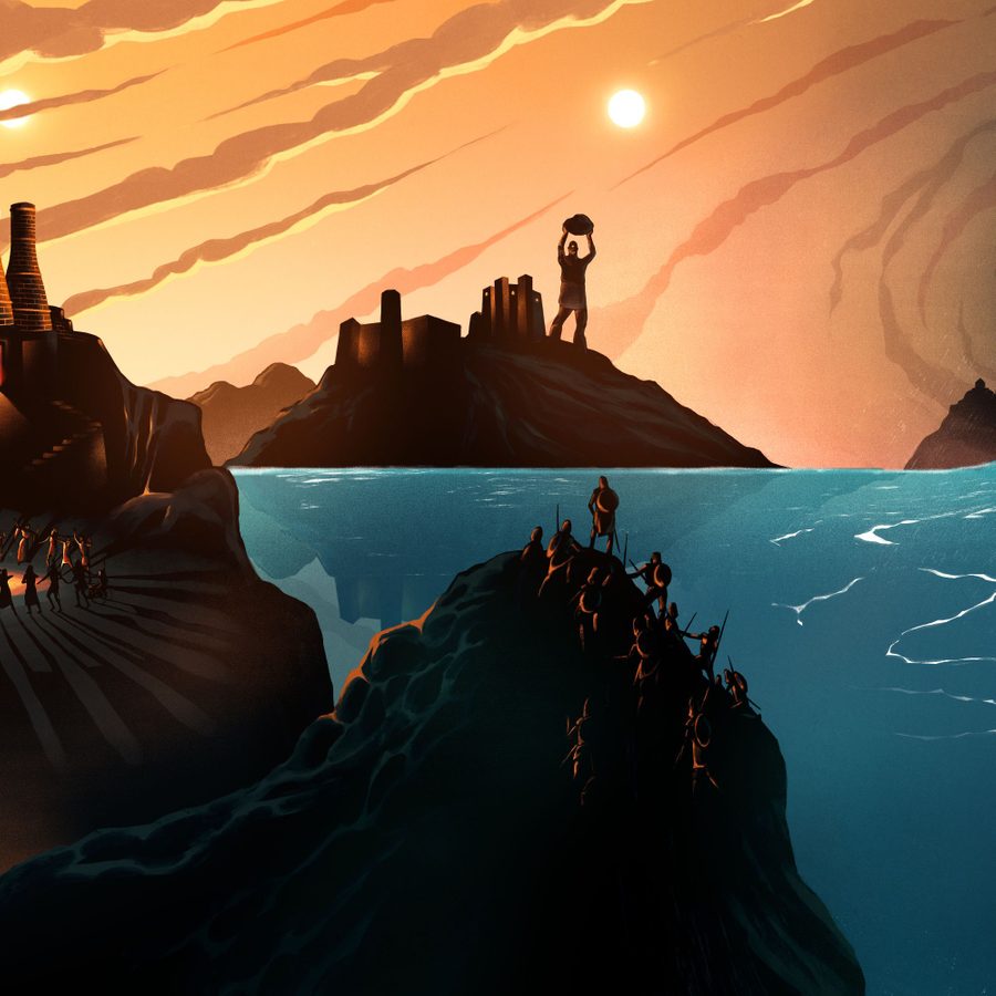 The-Odyssey-Part-2-masthead-2000x1000 Craggy islands in the middle of a sea with a figure on one island holding up a large stone facing a set of figures watching on from another island.