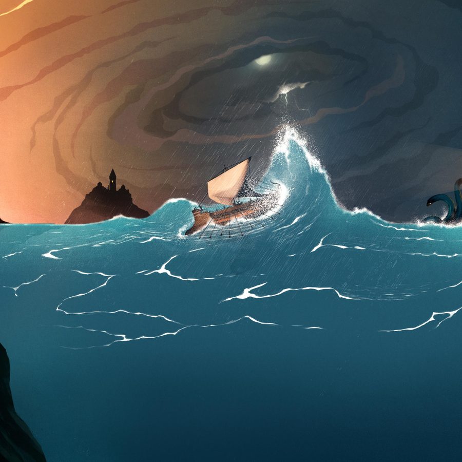 The-Odyssey-Part-3-masthead-2000x1000 A craggy island with tower, a ship with sail and oars caught in a storm and a three-headed sea monster approaching a lighthouse.