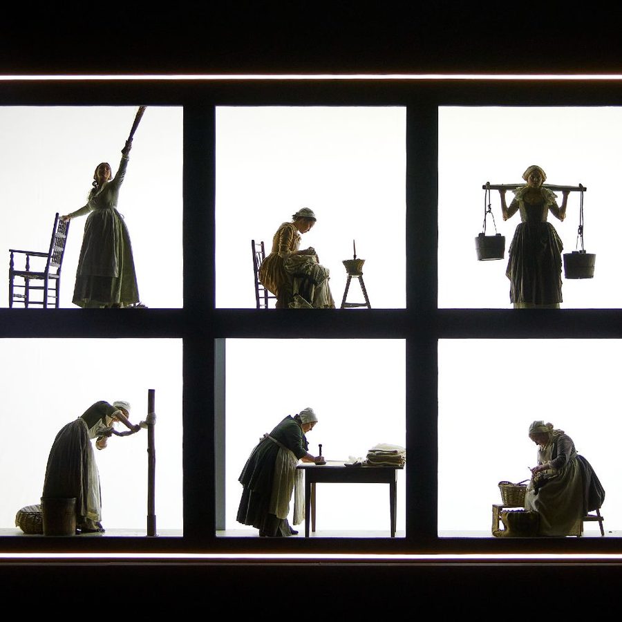 A grid structure with twelve rectangular compartments, each depicting a silhouette of a person engaged in different activities such as writing, carrying buckets, reading, and working with textiles against a brightly lit white background.