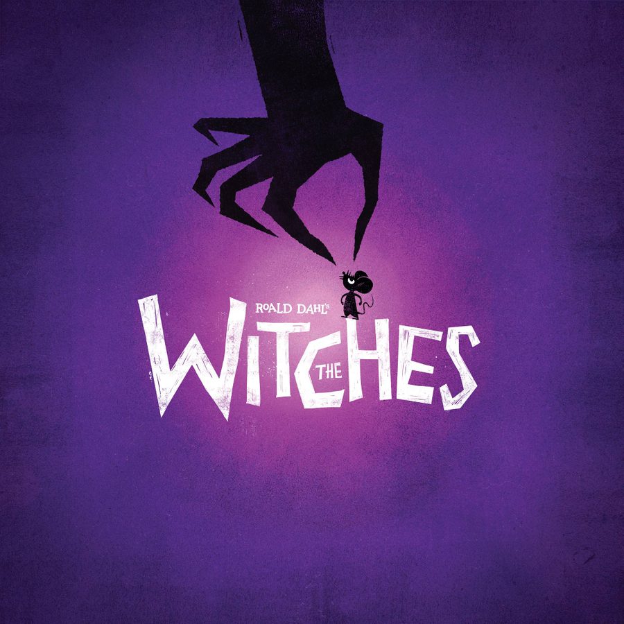 The-Witches-National-Theatre-2000x1000-v2 Title treatment of Roald Dahl's The Witches, with a cartoon of a claw-like hand reaching down to pick up a belligerent-looking mouse who is standing on the H of Witches.