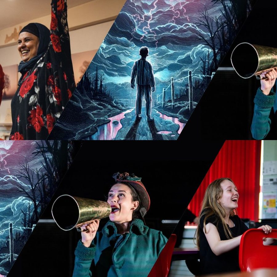 Theatre-Nation-Partnership-2022-standard-banner Photo montage of a participant in a community play, artwork for The Ocean at the End of the Lane, a schools touring prlay and a young student in a classroom